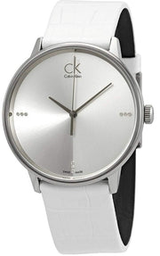  Shop Authentic Calvin Klein Accent Silver Dial White Leather Strap Watch for Men - K2Y2X1KW - Luxxuri