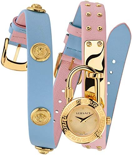  Shop Authentic Versace Medusa Lock Icon Quartz Gold Dial Pink & Blue Leather Strap Watch For Women - VEDW00219 - Luxxuri