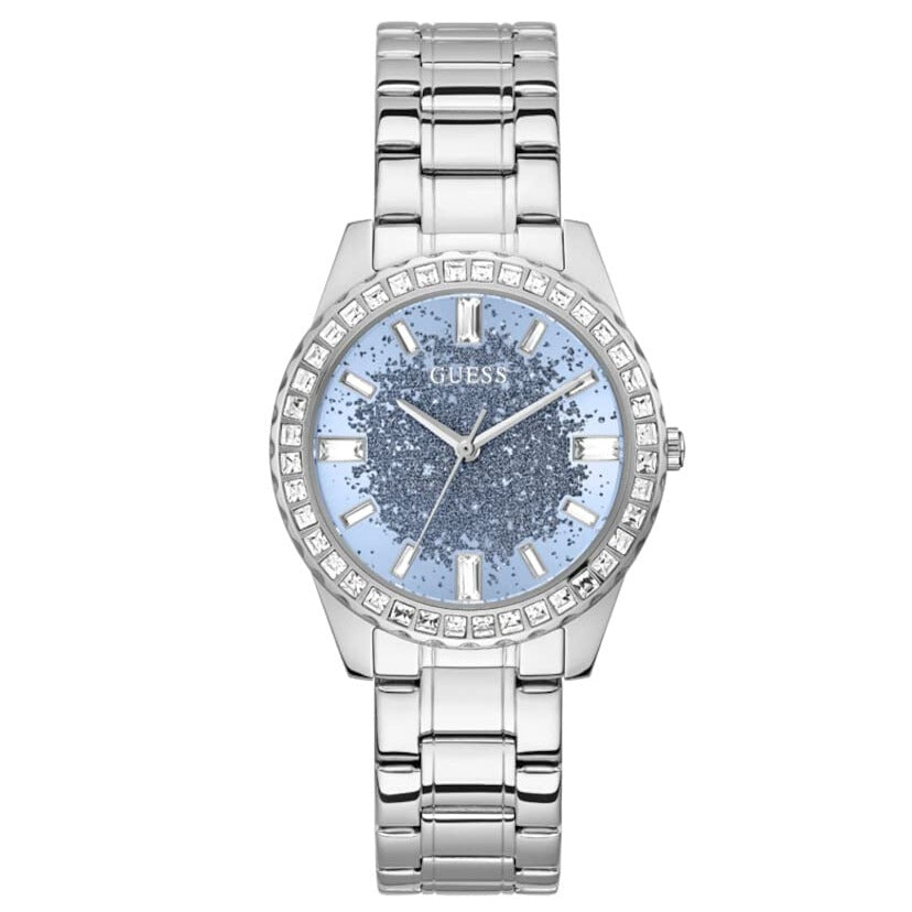  Shop Authentic Guess Glitter Burst Diamonds Blue Dial Silver Steel Strap Watch for Women - GW0405L1 - Luxxuri