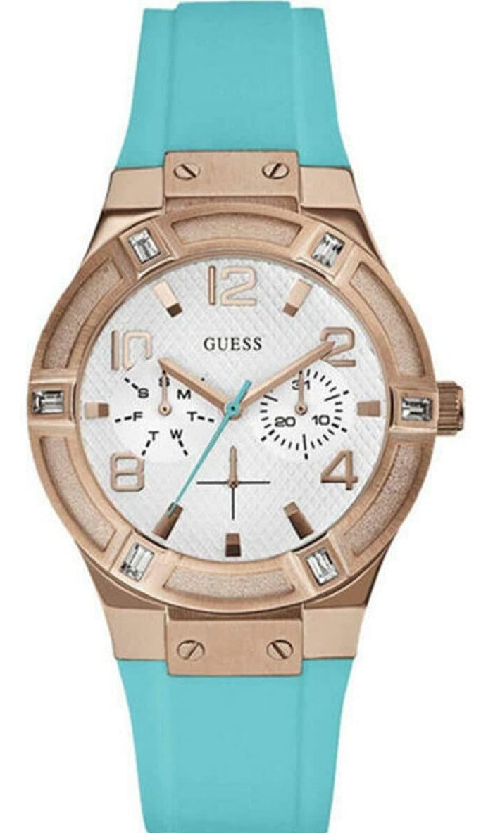  Shop Authentic Guess Jet Setter White Dial Turquoise Silicone Strap Watch For Women - W0564L3 - Luxxuri