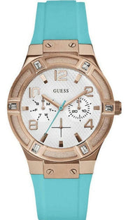  Shop Authentic Guess Jet Setter White Dial Turquoise Silicone Strap Watch For Women - W0564L3 - Luxxuri