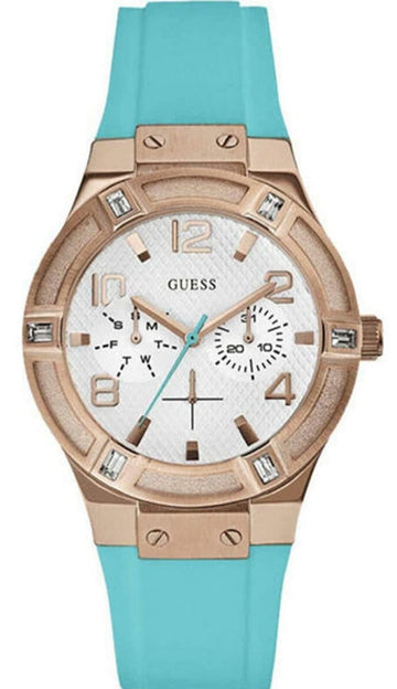  Shop Authentic Guess Jet Setter White Dial Turquoise Silicone Strap Watch For Women - W0564L3 - Luxxuri