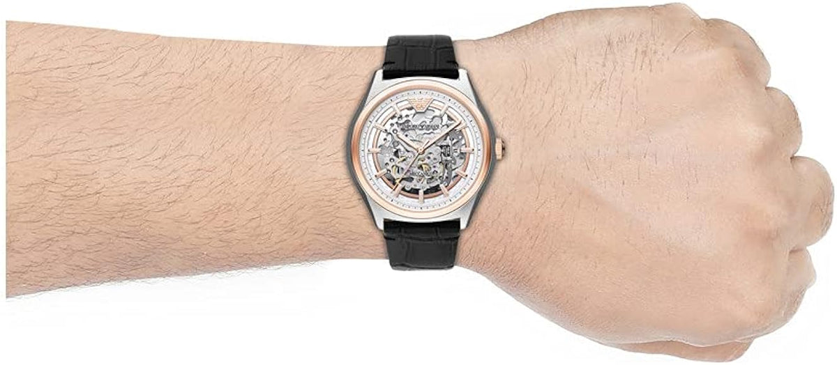  Shop Authentic Emporio Armani Zeta Skeleton Automatic Silver Dial Black Leather Strap Watch For Men - AR60018 - Luxxuri