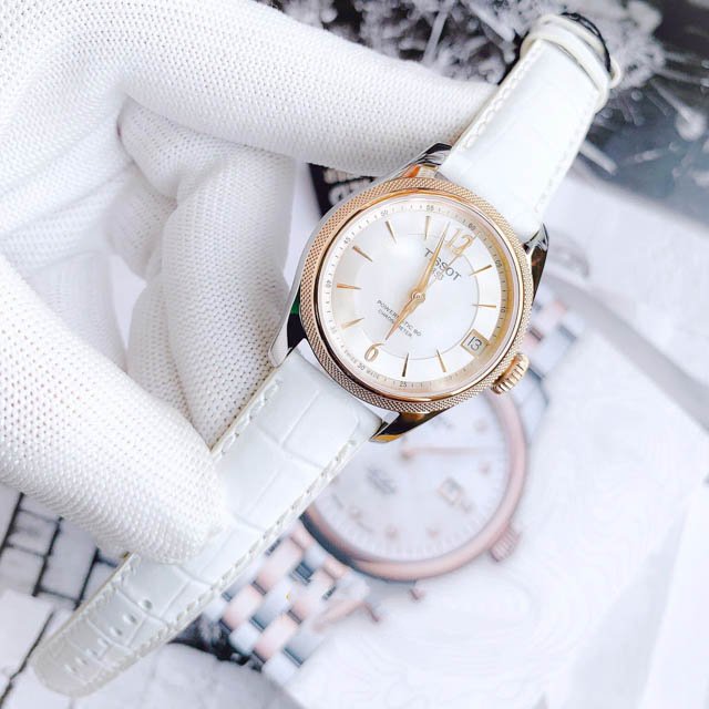  Shop Authentic Tissot T-Classic Powermatic 80 Mother of Pearl Silver Dial White Leather Strap Watch For Women - T108.208.26.117.00 - Luxxuri