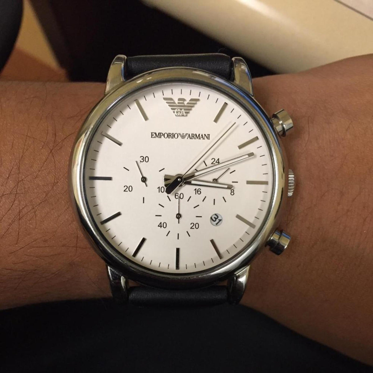  Shop Authentic Emporio Armani Classic Quartz Chronograph White Dial Black Leather Strap Watch For Men - AR1807 - Luxxuri