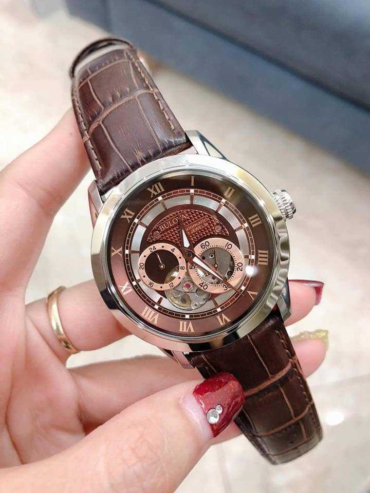  Shop Authentic Bulova Classic Skeleton Automatic Brown Dial Brown Leather Strap Watch for Men - 96A120 - Luxxuri
