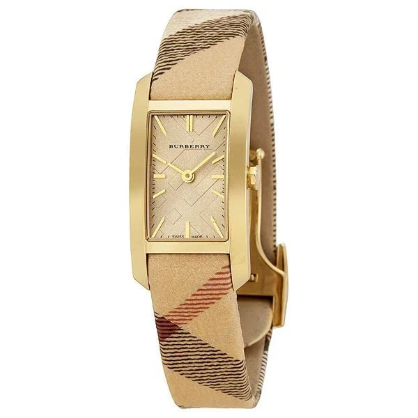  Shop Authentic Burberry Pioneer Gold Dial Haymarket Beige Leather Strap Watch for Women - BU9509 - Luxxuri