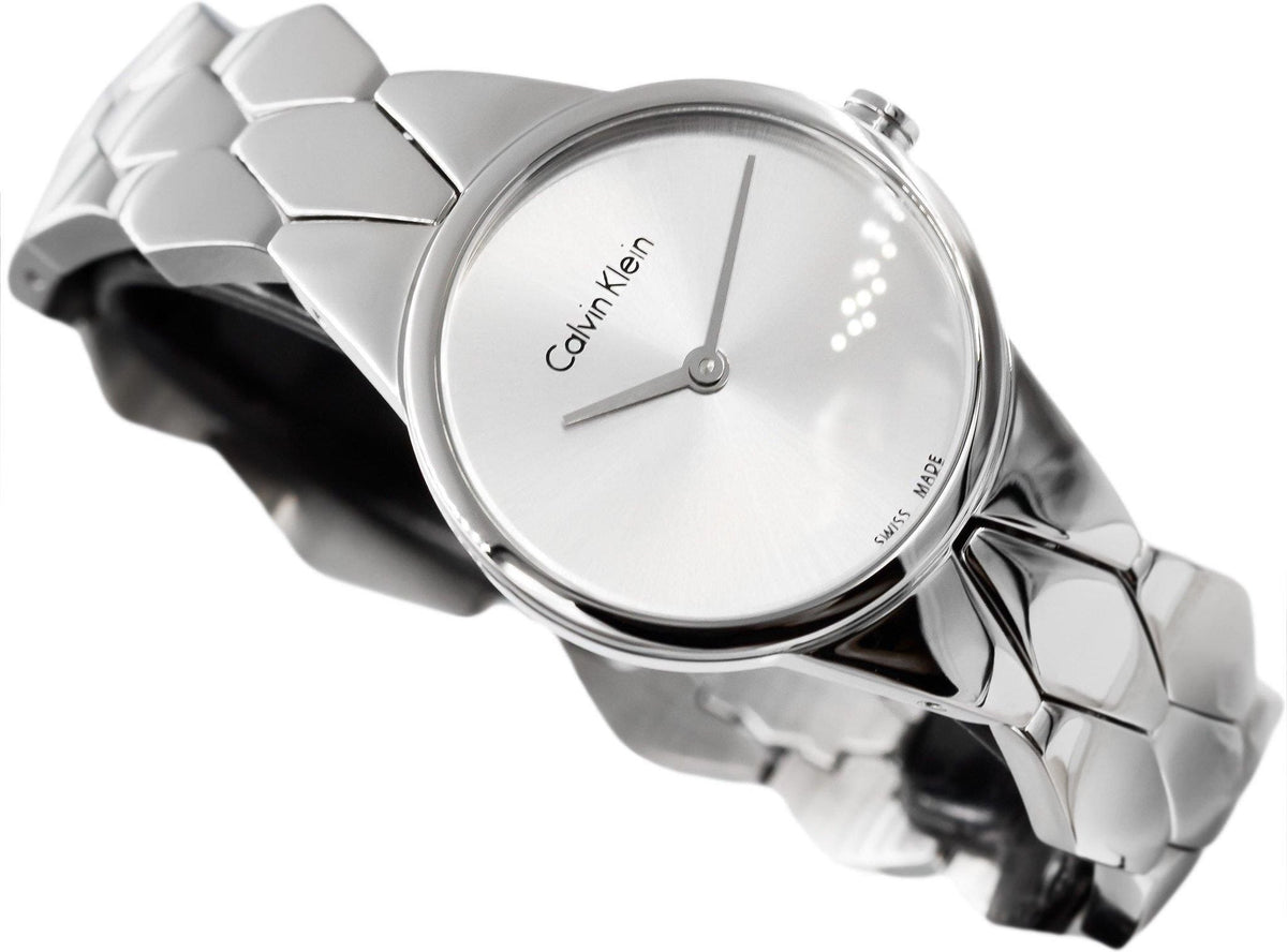  Shop Authentic Calvin Klein Snake Silver Dial Silver Steel Strap Watch For Women - K6E23146 - Luxxuri