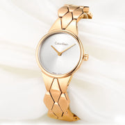  Shop Authentic Calvin Klein Snake Silver Dial Rose Gold Steel Strap Watch For Women - K6E23646 - Luxxuri