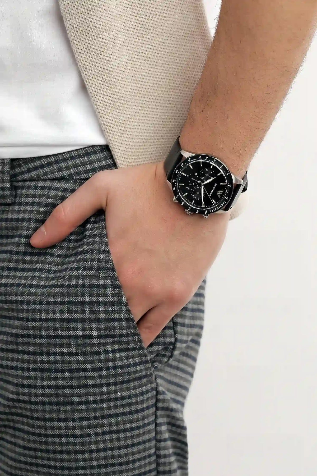  Shop Authentic Emporio Armani Mario Chronograph Black Dial Black Leather Strap Watch For Men - AR11243 - Luxxuri
