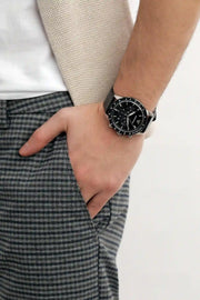  Shop Authentic Emporio Armani Mario Chronograph Black Dial Black Leather Strap Watch For Men - AR11243 - Luxxuri
