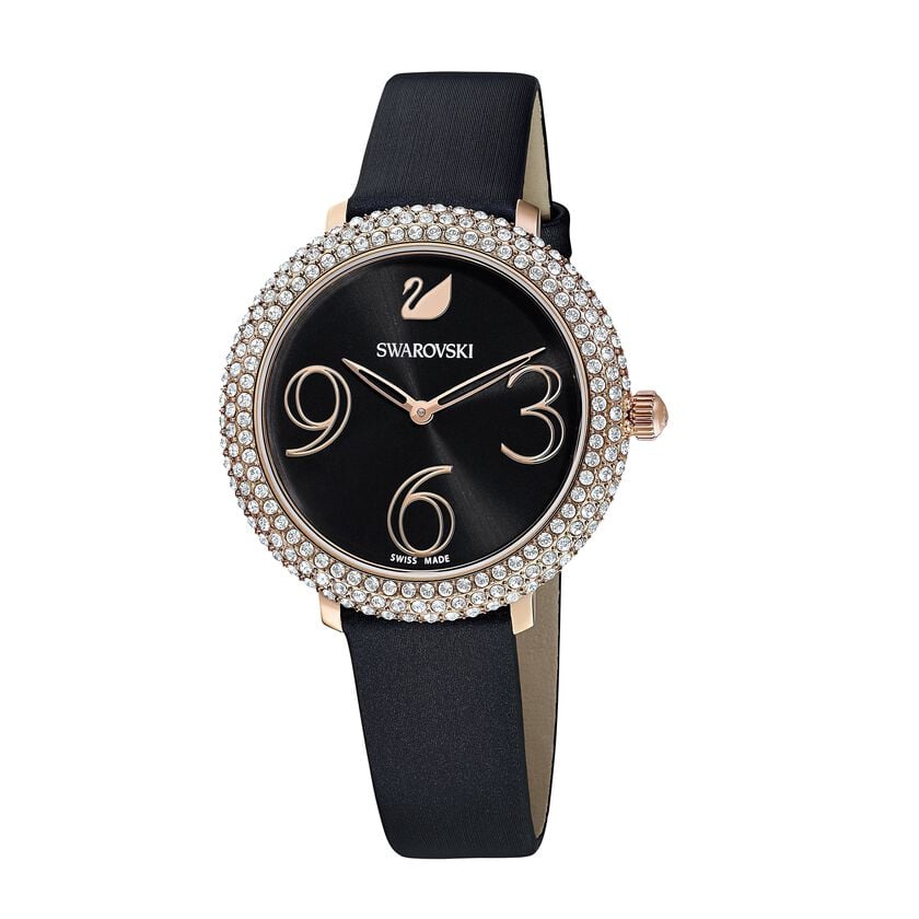  Shop Authentic Swarovski Crystal Frost Black Dial Black Leather Strap Watch for Women - 5484058 - Luxxuri