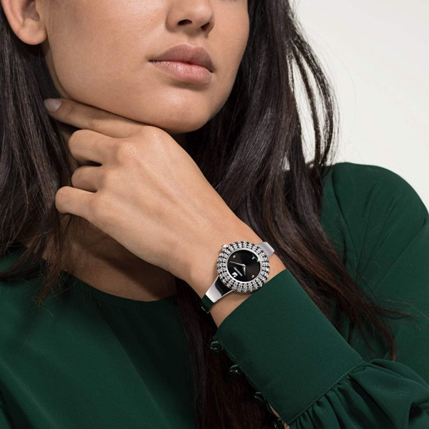  Shop Authentic Swarovski Crystal Rose Black Dial Silver Steel Strap Watch for Women - 5484076 - Luxxuri
