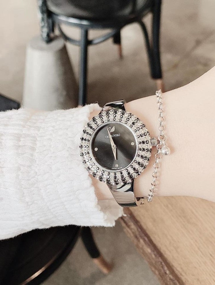  Shop Authentic Swarovski Crystal Rose Black Dial Silver Steel Strap Watch for Women - 5484076 - Luxxuri