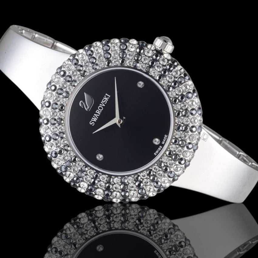  Shop Authentic Swarovski Crystal Rose Black Dial Silver Steel Strap Watch for Women - 5484076 - Luxxuri