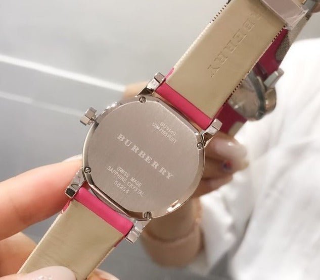  Shop Authentic Burberry The City White Dial Haymarket Pink Leather Strap Watch for Women - BU9149 - Luxxuri