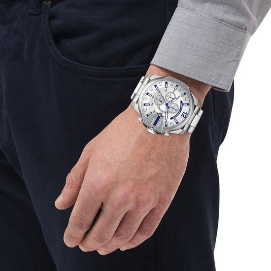  Shop Authentic Diesel Mega Chief Chronograph Silver Dial Silver Steel Strap Watch For Men - DZ4477 - Luxxuri