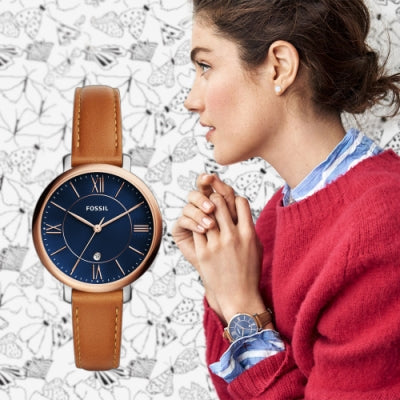  Shop Authentic Fossil Jacqueline Three Hand Date Luggage Blue Dial Brown Leather Strap Watch for Women - ES4274 - Luxxuri