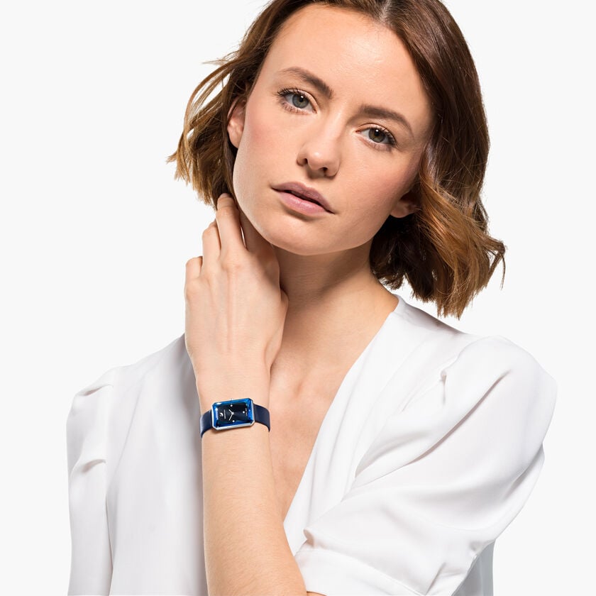  Shop Authentic Swarovski Uptown Crystal Blue Dial Blue Leather Strap Watch for Women - 5547713 - Luxxuri