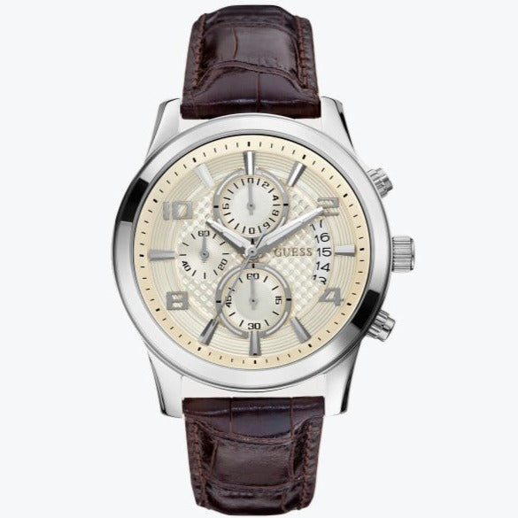  Shop Authentic Guess Exec Chronograph White Dial Brown Leather Strap Watch For Men - W0076G2 - Luxxuri