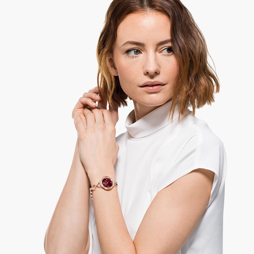  Shop Authentic Swarovski Crystal Flower Red Dial Rose Gold Steel Strap Watch for Women - 5552783 - Luxxuri