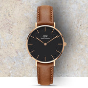  Shop Authentic Daniel Wellington Classic Petite Durham Black Dial Brown Leather Strap Watch For Women - DW00100166 - Luxxuri