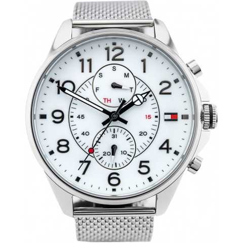  Shop Authentic Tommy Hilfiger Dean Chronograph White Dial Silver Mesh Bracelet Watch for Men - 1791277 - Luxxuri