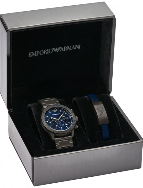  Shop Authentic Emporio Armani Mario Chronograph Blue Dial Grey Steel Strap Watch For Men - AR80045 - Luxxuri