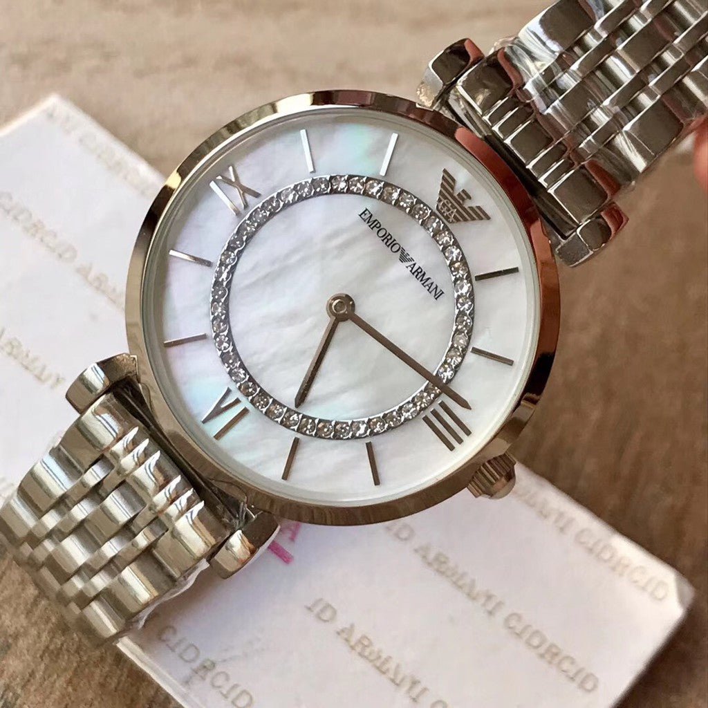  Shop Authentic Emporio Armani Gianni T-Bar Mother of Pearl Dial Silver Stainless Steel Watch For Women - AR1908 - Luxxuri
