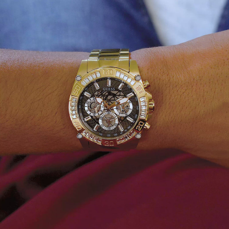  Shop Authentic Guess Trophy Diamonds Black Dial Gold Steel Strap Watch for Men - GW0390G2 - Luxxuri