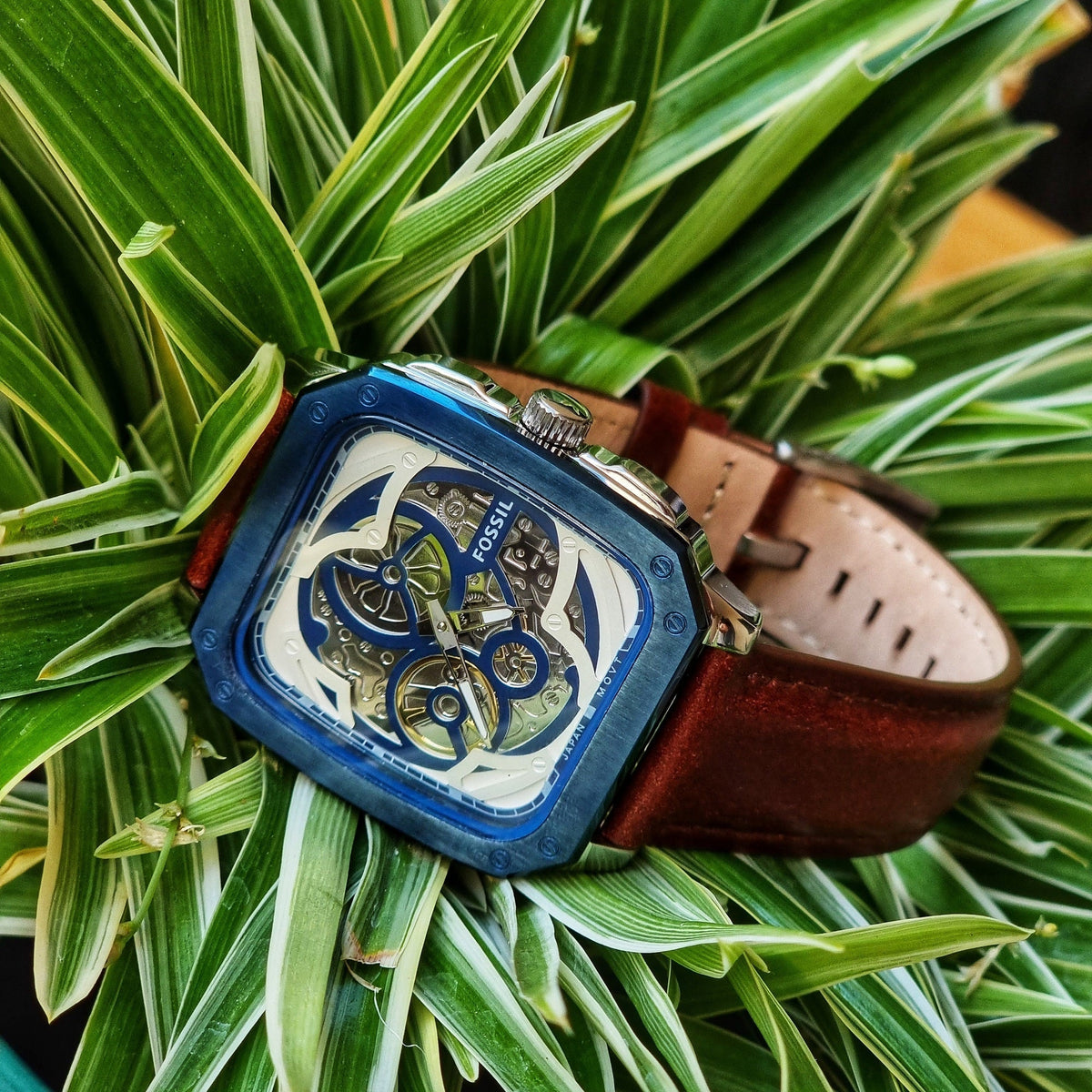  Shop Authentic Fossil Inscription Automatic Skeleton Blue Dial Brown Leather Strap Watch for Men - BQ2571 - Luxxuri