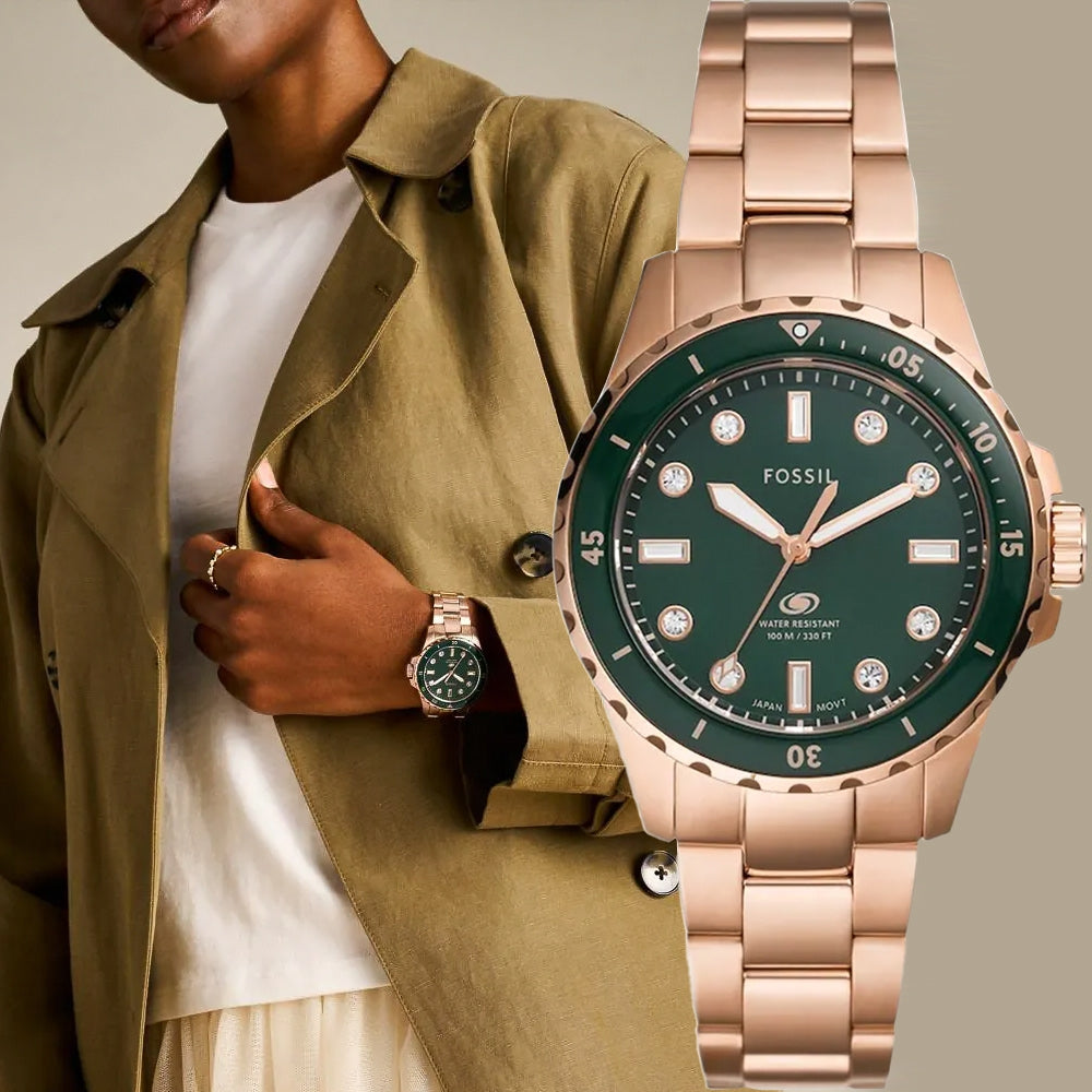  Shop Authentic Fossil Blue Dive Three Hand Green Dial Rose Gold Steel Strap Watch For Women - ES5371 - Luxxuri