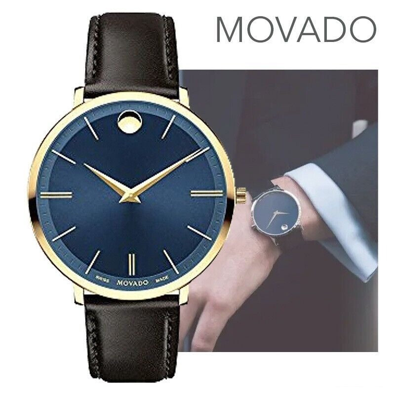  Shop Authentic Movado Ultra Slim Blue Dial Brown Leather Strap Watch For Men - 0607088 - Luxxuri