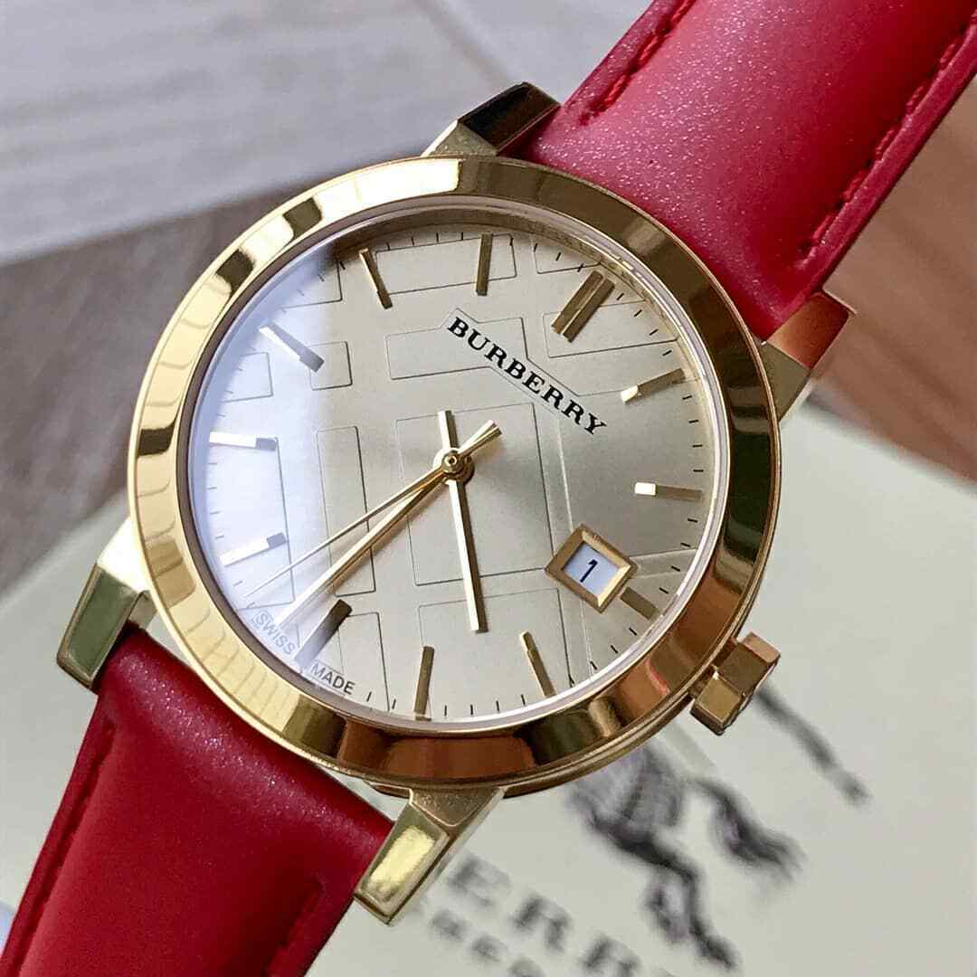  Shop Authentic Burberry The City Gold Dial Red Leather Strap Watch for Women - BU9140 - Luxxuri