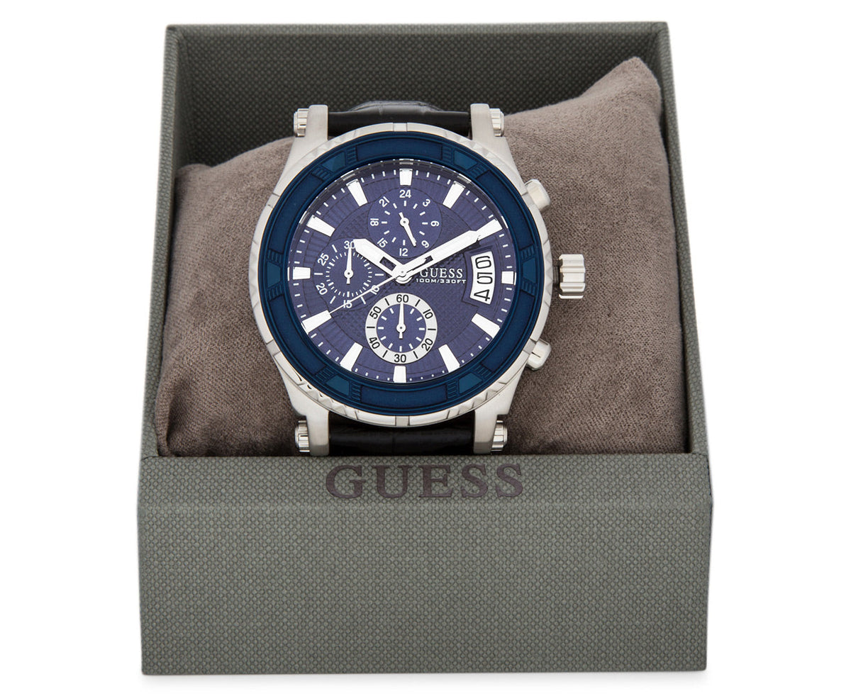  Shop Authentic Guess Pinnacle Chronograph Quartz Blue Dial Black Leather Strap Watch For Men - W0673G4 - Luxxuri