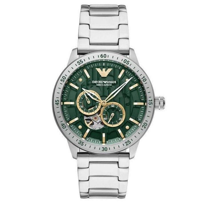  Shop Authentic Emporio Armani Meccanico Chronograph Automatic Green Dial Silver Steel Strap Watch For Men - AR60053 - Luxxuri