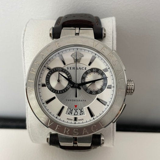  Shop Authentic Versace Aion Chronograph White Dial Brown Leather Strap Watch for Men - VBR010017 - Luxxuri