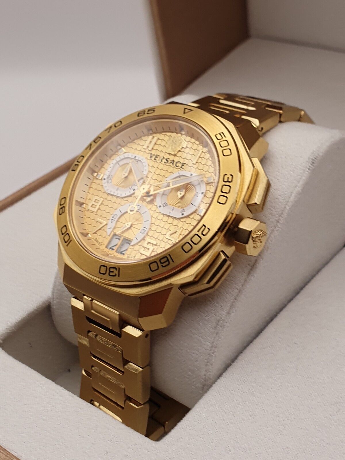  Shop Authentic Versace Dylos Chronograph Gold Dial Gold Steel Strap Watch for Men - VQC040015 - Luxxuri