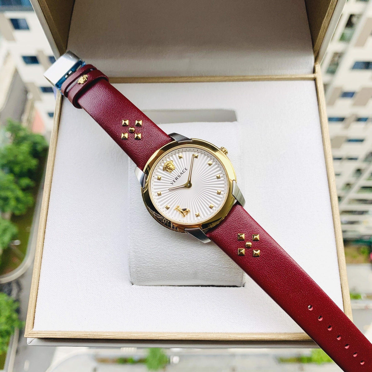  Shop Authentic Versace Audrey Quartz Silver Dial Red Leather Strap Watch for Women - VELR00219 - Luxxuri