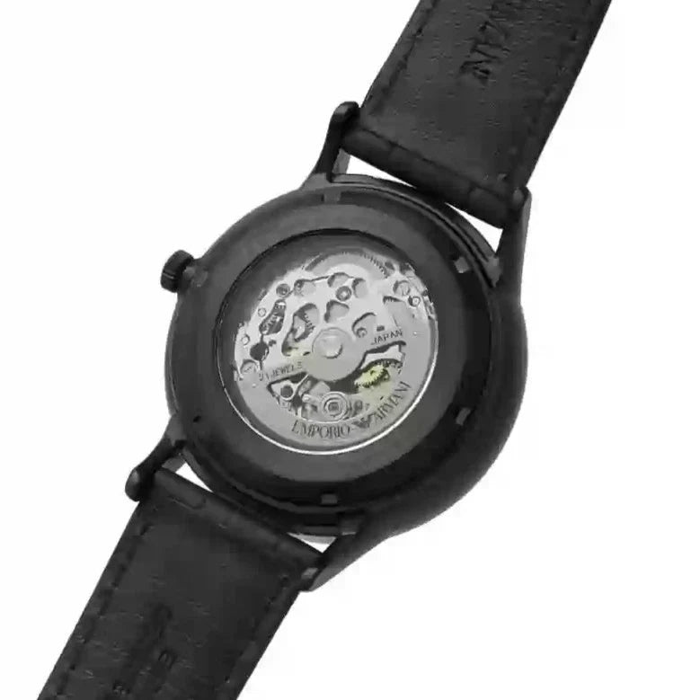  Shop Authentic Emporio Armani Meccanico Automatic Black Dial Black Leather Strap Watch For Men - AR60042 - Luxxuri