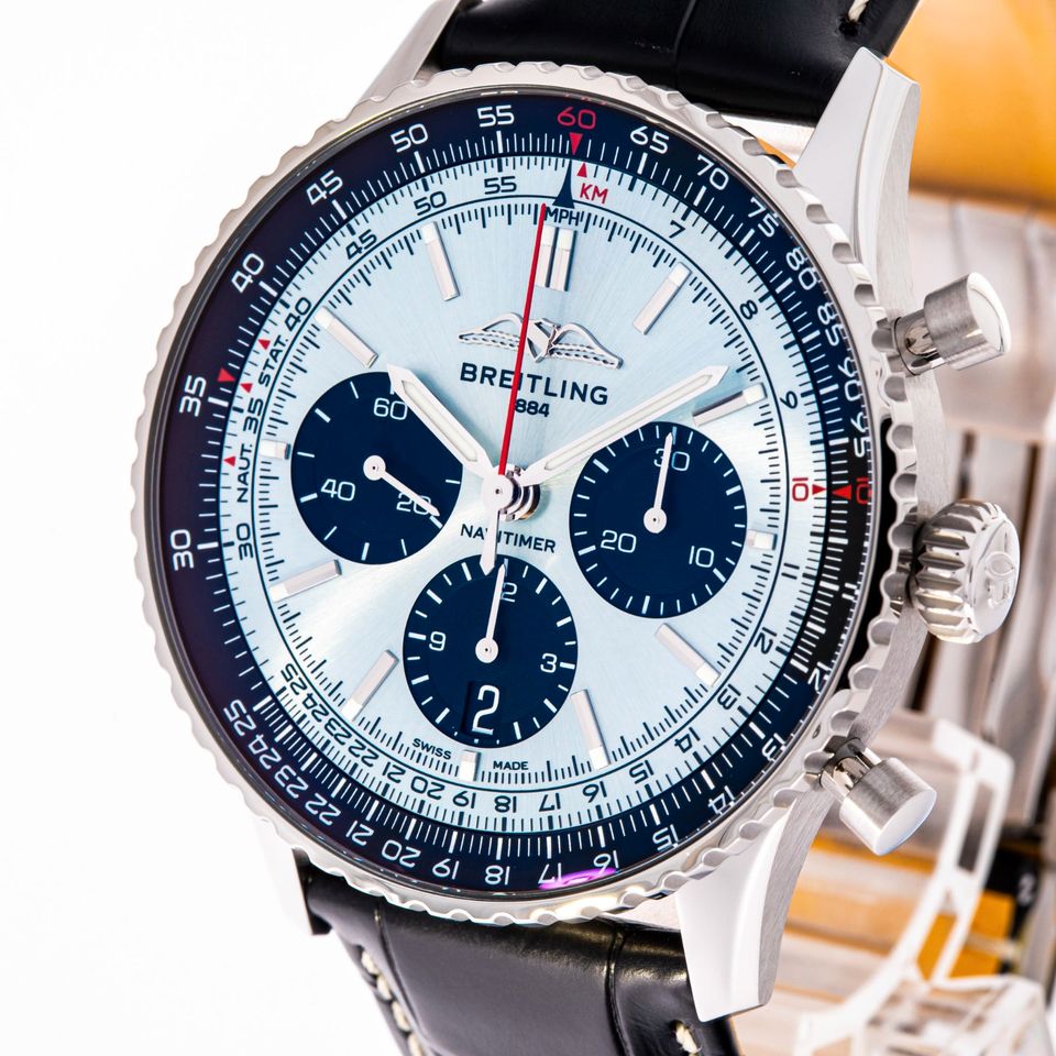  Shop Authentic Breitling Navitimer B01 Chronograph 43 Blue Dial Black Leather Strap Watch for Men - AB0138241C1P1 - Luxxuri
