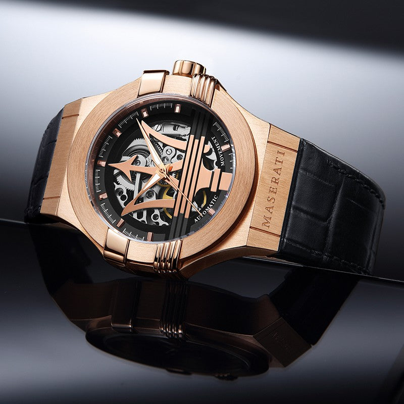  Shop Authentic Maserati Potenza Automatic Rose Gold Dial Black Leather Strap Watch For Men - R8821108002 - Luxxuri