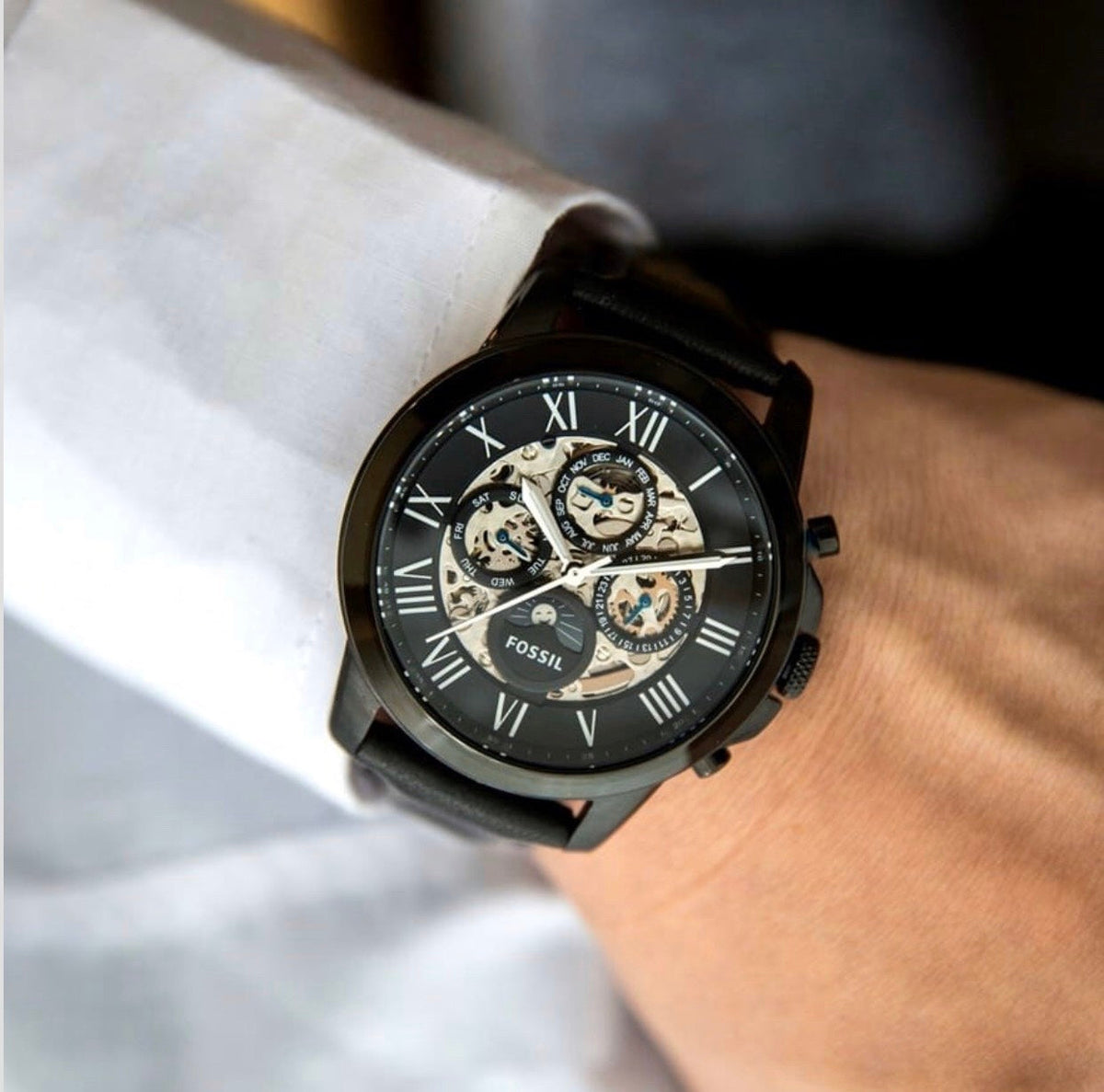  Shop Authentic Fossil Grant Automatic Black Dial Black Leather Strap Watch for Men - ME3028 - Luxxuri