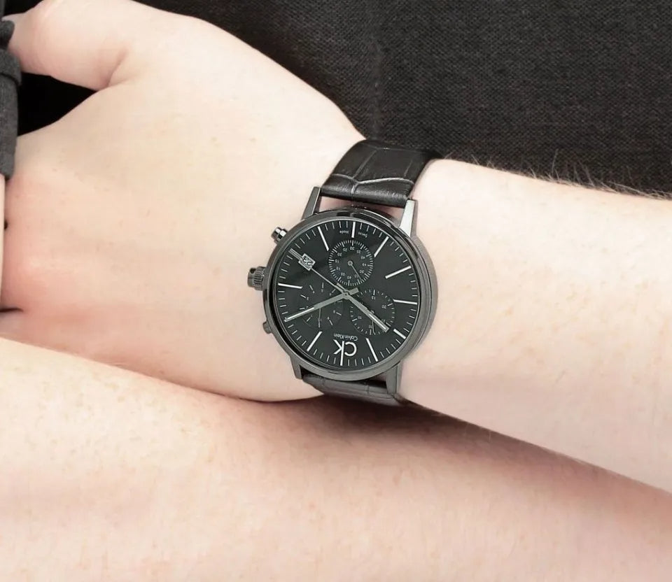  Shop Authentic Calvin Klein Post Minimal Chronograph Black Dial Black Leather Strap Watch for Men - K7627401 - Luxxuri