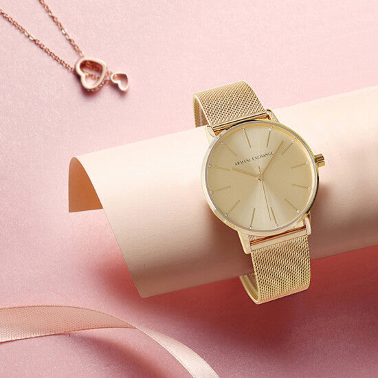  Shop Authentic Armani Exchange Lola Analog Gold Dial Gold Mesh Strap Watch For Women - AX5536 - Luxxuri
