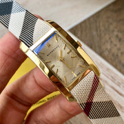  Shop Authentic Burberry Pioneer Gold Dial Haymarket Beige Leather Strap Watch for Women - BU9509 - Luxxuri