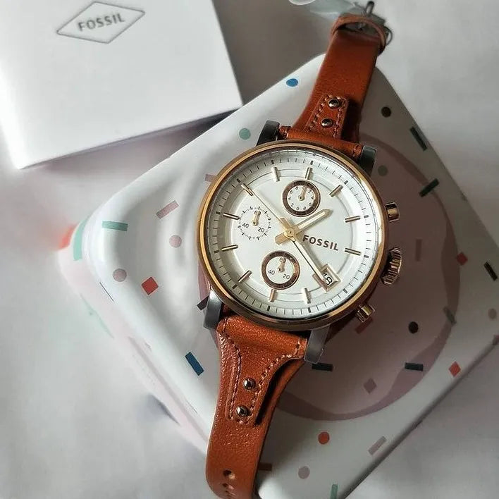  Shop Authentic Fossil Boyfriend Chronograph White Dial Brown Leather Strap Watch for Women - ES3837 - Luxxuri