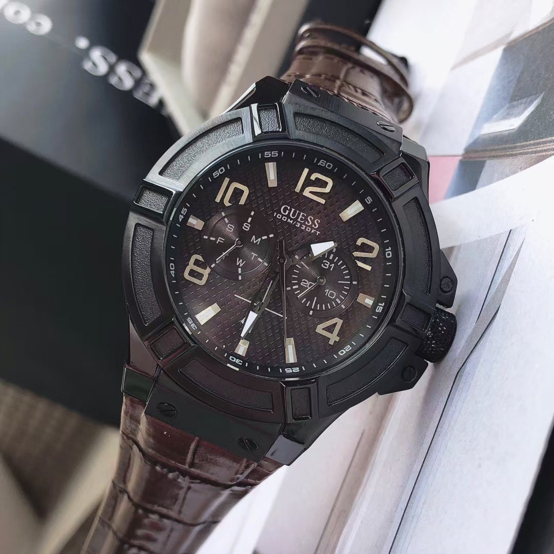  Shop Authentic Guess Rigor Analog Quartz Black Dial Brown Leather Strap Watch For Men - W0040G2 - Luxxuri
