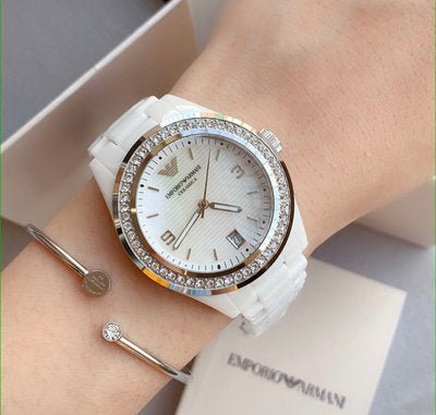  Shop Authentic Emporio Armani Ceramica White Mother of Pearl Dial Stainless Steel Strap Watch For Women - AR1426 - Luxxuri