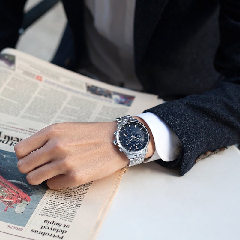  Shop Authentic Citizen Eco Drive Chronograph Blue Dial Silver Steel Strap Watch For Men - AT2140-55L - Luxxuri